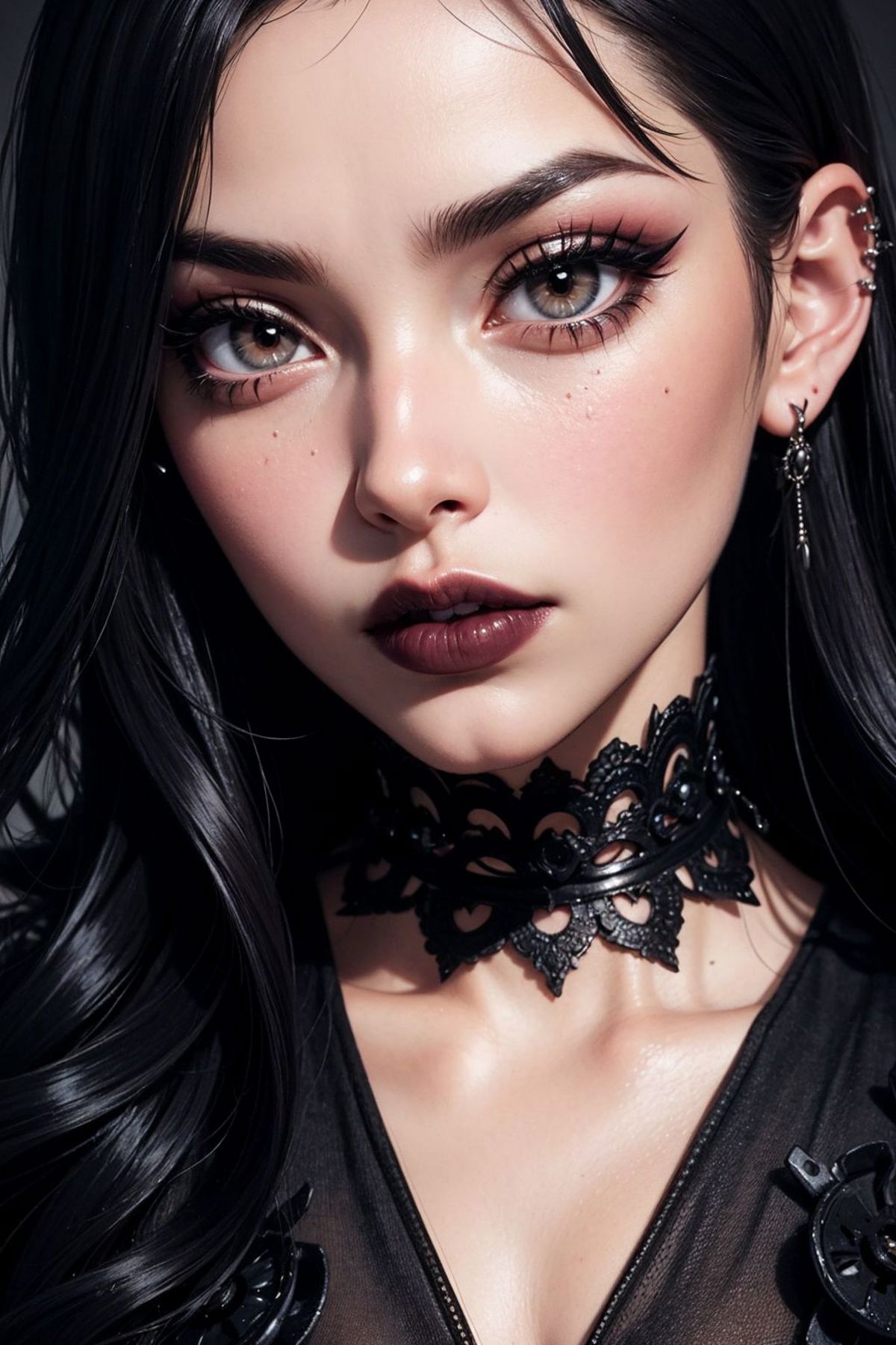 A young woman with long black hair wearing a black lace choker necklace.