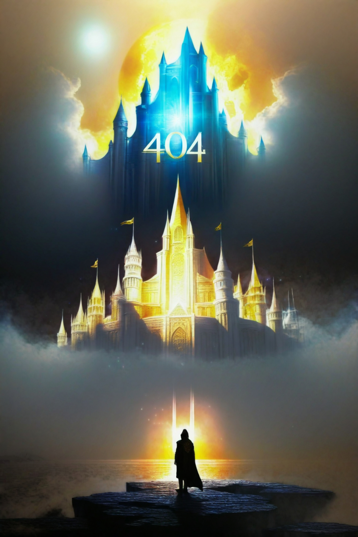 A fantasy illustration of a castle with the number 404 in the sky.