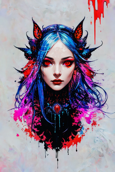 Ambilight, masterpiece, ultra-high quality,( ultra detailed original illustration), Perfil Portrait of a beautiful Girl, Upper body, Crown of Bones, ((Evil Fashion)), (Red Eyes:1.5, Double exposure, fussion of fluid abstract art, Glitch, 2D),(Gothic Oiginal illustration composition),( fusion of limited color, Fractal Geometric, butterflies, Comic art) <lora:Minijisn-03:1>  <lora:Moommst-01:0.5>