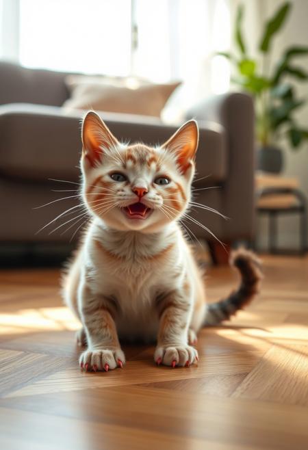 A playful “cat-olotl” (chesire cat with tiny pink axolotl gills where its whisker pads meet) sits on a sun-lit parquet floor in a cozy living room. • The kitten faces camera, mouth open in a happy “mraow,” eyes bright and blinking. • Its frilly gills wiggle gently in time with each meow. • Tail swishes side-to-side and thumps floor once, then curls around its body. • Ears flick forward and back, whiskers twitch. • Soft daylight drifts through a nearby window; light shifts just enough to reveal fur texture. Motion remains subtle, cute, and loop-friendly (about 4–5 seconds). Camera locked off—medium-close framing from paws to ear-tips, sofa and plant blurred softly in the background.  Close