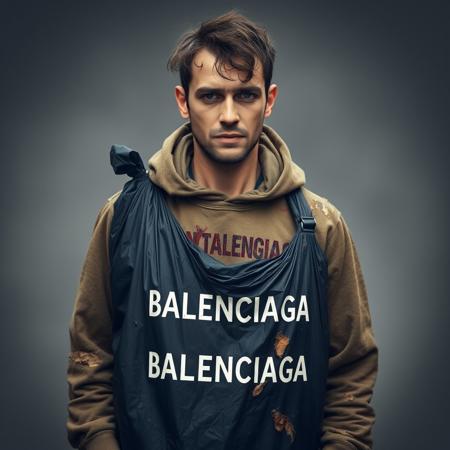 a dirty person, with ruined clothes, with a "BALENCIAGA" brand garbage bag, the clothes are also "BALENCIAGA" brand.
The person has a snobbish look, as if he were above others