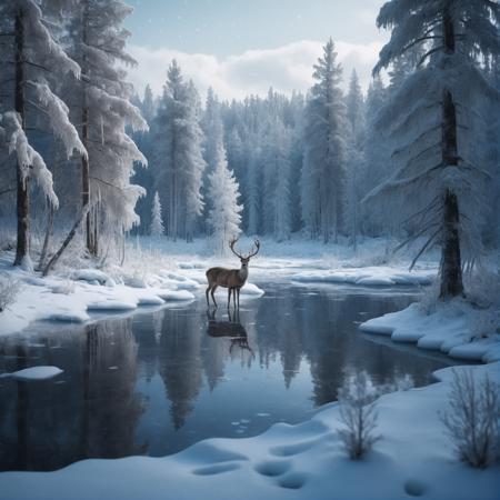 small lake surrounded by a frozen taiga forest, snow on the trees, winter, complex details, a deer near the water, masterpiece, nostalgic atmosphere, cinematographic lighting, sharp focus, 4k, photo, digital art, fantasy style
