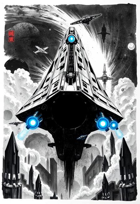 massive starship, glowing black hole, cosmic vortex, blue engine thrusters, interstellar travel, space exploration, futuristic spacecraft, luminous clouds, celestial bodies, dramatic lighting, science fiction, deep space, cosmic wonder, high detail, cinematic style, futuristic sci-fi ink painting, bold calligraphic brushstrokes with geometric structures, cinematic atmospheric landscapes, dynamic flowing movement, expressive monochromatic contrasts, vast futuristic cityscape with organic brush textures, traditional ink realism blending with digital abstraction