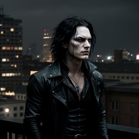 cinematic film still of  <lora:The Crow SD1.5:1.2>
Eric Draven The Crow a choppy hair cut man on roof top ledge in rain Graphic Novel Style, shallow depth of field, vignette, highly detailed, high budget, bokeh, cinemascope, moody, epic, gorgeous, film grain, grainy