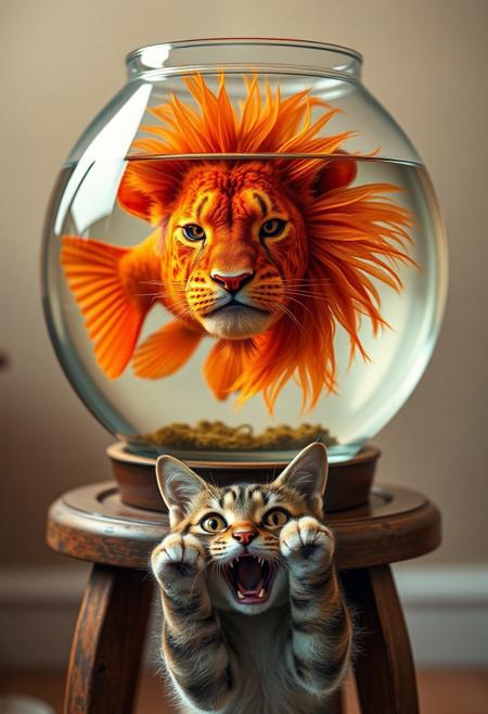 "Create a photorealistic image of a miniature lion with a majestic mane, but with the body of a vibrant orange fish, complete with scales and fins, swimming in a glass fishbowl. The lionfish's whiskers and nose are still intact, and its eyes gleam with a fierce inner light. Below the stand, a domestic cat peeks out from the shadows, its top half visible as it cautiously observes the lionfish. The cat's eyes are wide with a mix of fear and fascination. The cat's mouth is wide open in mid scream as if it is in utter shock and it's paws are holding the sides of it's head as if it can't believe what it saw. The fishbowl is placed on a worn, wooden stand, with subtle textures and reflections adding depth to the scene. The background is a warm, cozy room with soft lighting, highlighting the surreal and fantastical nature of the lionfish." Octane render, Highest-Quality, 8 k, intricate details, visually stunning, Masterpiece