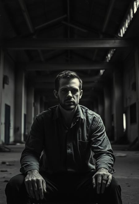A portrait of a man seated in an abandoned warehouse, light cutting across his face like a spotlight, surrounded by grainy shadows and industrial decay., surreal realism, high-contrast monochrome, gritty textures, psychological ambiguity, muted color with grayscale accents, ambiguous narratives, urban isolation, fragmented composition, painterly figures, harsh lighting, shadow-drenched environments, cinematic tension, blurred motion, symbolic gestures, analog photography aesthetic, surreal street scenes, conceptual portraiture, eerie atmosphere, emotional detachment, visual noise and silence