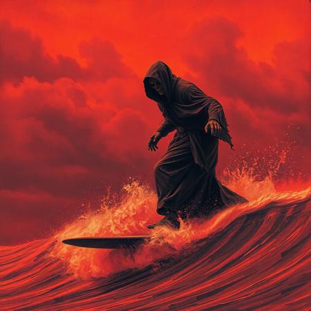 Dark art a cloaked ominous monk from the 70s-style pulp painting, surfing on a big wave of blood, The sky is red and otherworldy. Duotone: Burnt orange and deep plum. Mood: Occult ritual meets 80's crinkled concert poster art style. Grim reaper, doom metal-style, gritty, desert ritual, screamo, surfer dude character