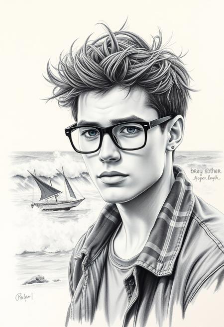 Hyperrealistic art, art sketchbook canvas, pencil drawing, BREAK Portrait, handsome young man, wearing glasses, hair disheveled, raging ocean in the background
