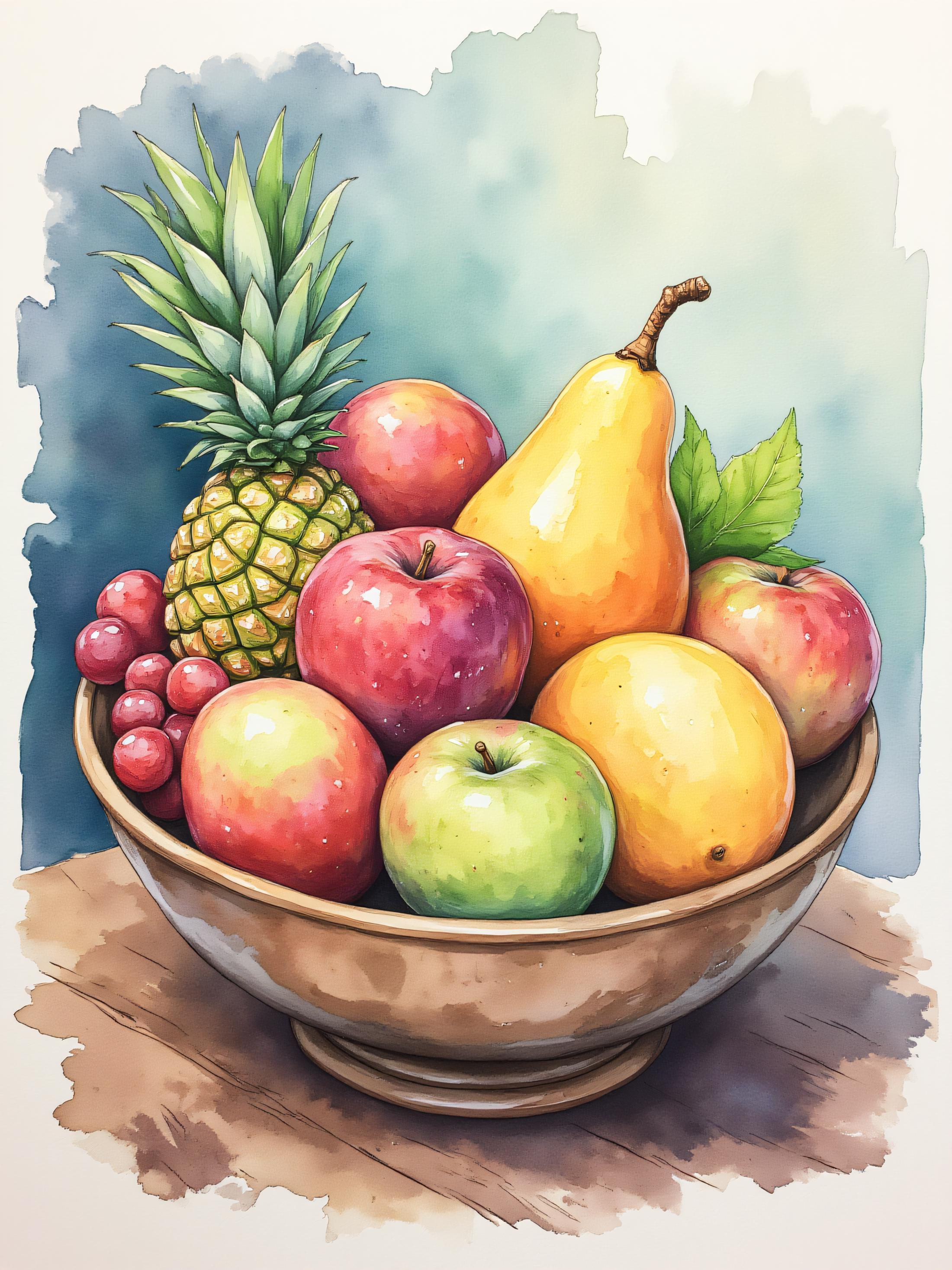 ArsMJStyle, Watercolor, Lifting Technique, A still life of a bowl of fruit on a rustic wooden table. The vibrant colors of the fruits are highlighted with areas of lifted paint, creating highlights and a sense of freshness. The background is softly blurred, keeping the focus on the fruit.