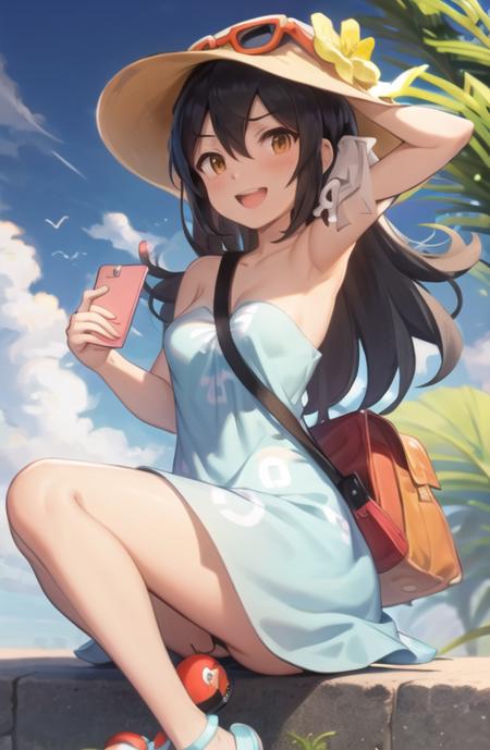 <lora:sightseer:0.7> sightseer_pokemon, 1girl, solo, looking at viewer, blush, smile, open mouth, simple background, dress, holding, bare shoulders, :d, shoes, teeth, bag, orange eyes, strapless, blue dress, upper teeth only, phone, strapless dress, smartphone, holding phone, blue footwear, brown headwear, green footwear, aqua dress, poke ball print, orange-tinted eyewear, aqua footwear