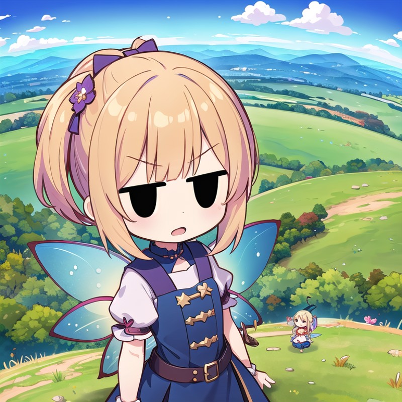 1girl, (chibi, fairy, upper body:1.4), angry, open mouth, standing, hill grass, fantasy world, (very wide, panorama view, ...