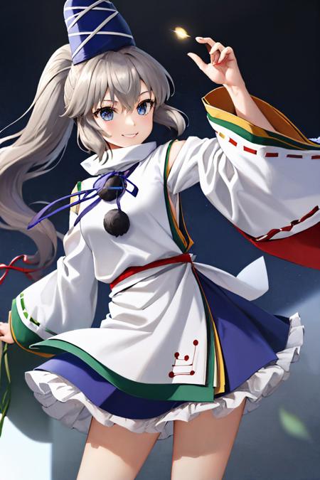 tpfuto ponytail hat tate eboshi japanese clothes kariginu pom pom \(clothes\) wide sleeves ribbon-trimmed sleeves blue skirt