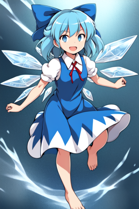 masterpiece, best quality, 1girl, alphes, cirno, solo, looking at viewer, smile, short hair, open mouth, blue eyes, simple background, blue hair, full body, short sleeves, hair bow, barefoot, collared shirt, red neck ribbon, blue dress, blue bow, fairy, ice wings, detached wings   <lora:alphes:1>