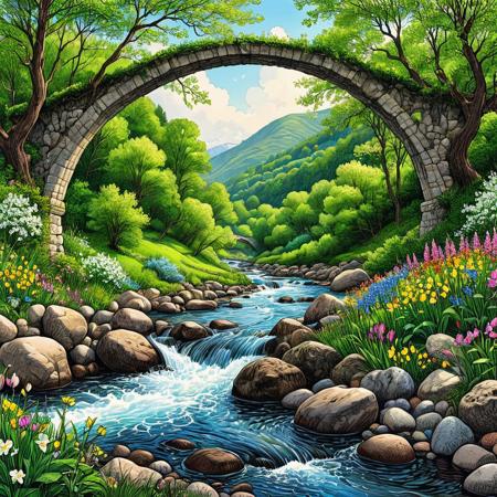 highly detailed, ink art, line art artwork depicting a vibrant spring landscape. The scene features a turbulent stream flowing through woodlands, with the water sparkling as it rushes over bright pebbles. On either side of the river, trees with green leaves on their branches arch overhead with a riot of colourful spring wildflowers adorning the banks, under the bright light of a bright spring morning. The composition is balanced, with the river leading the viewer's eye into distant hills. Sharp focus