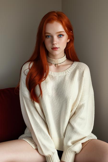 raw photo, (18yo redhead girl:1.2), makeup, graphic eyeliner, (choker:0.9), realistic skin texture, oversize knit sweater, (red:0.8), softcore, warm lighting, cosy atmosphere