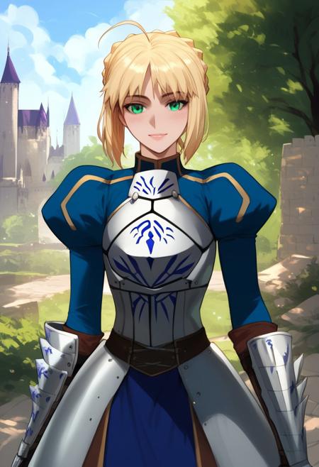 (score_9, score_8_up, score_7_up, high quality, best quality, ultra-detailed, very aesthetic, illustration, perfect composition, intricate details, absurdres, high res image, masterpiece, vibrant colors, beautiful face, detailed face, 1girl, solo focus, perfect eyes, detailed eyes), SaberArmor, female, green eyes, blonde hair, short hair, french braid, ahoge, light blush, pale skin, full lips, large thighs, perfect body, fit body, voluptuous, medium breasts, curvy body, narrow-waisted, wide hips, (breastplate, blue dress, gauntlets, juliet sleeves, faulds), (teasing expression, small smile, suggestive pose), (outdoors, castle, fantasy, medieval architecture)