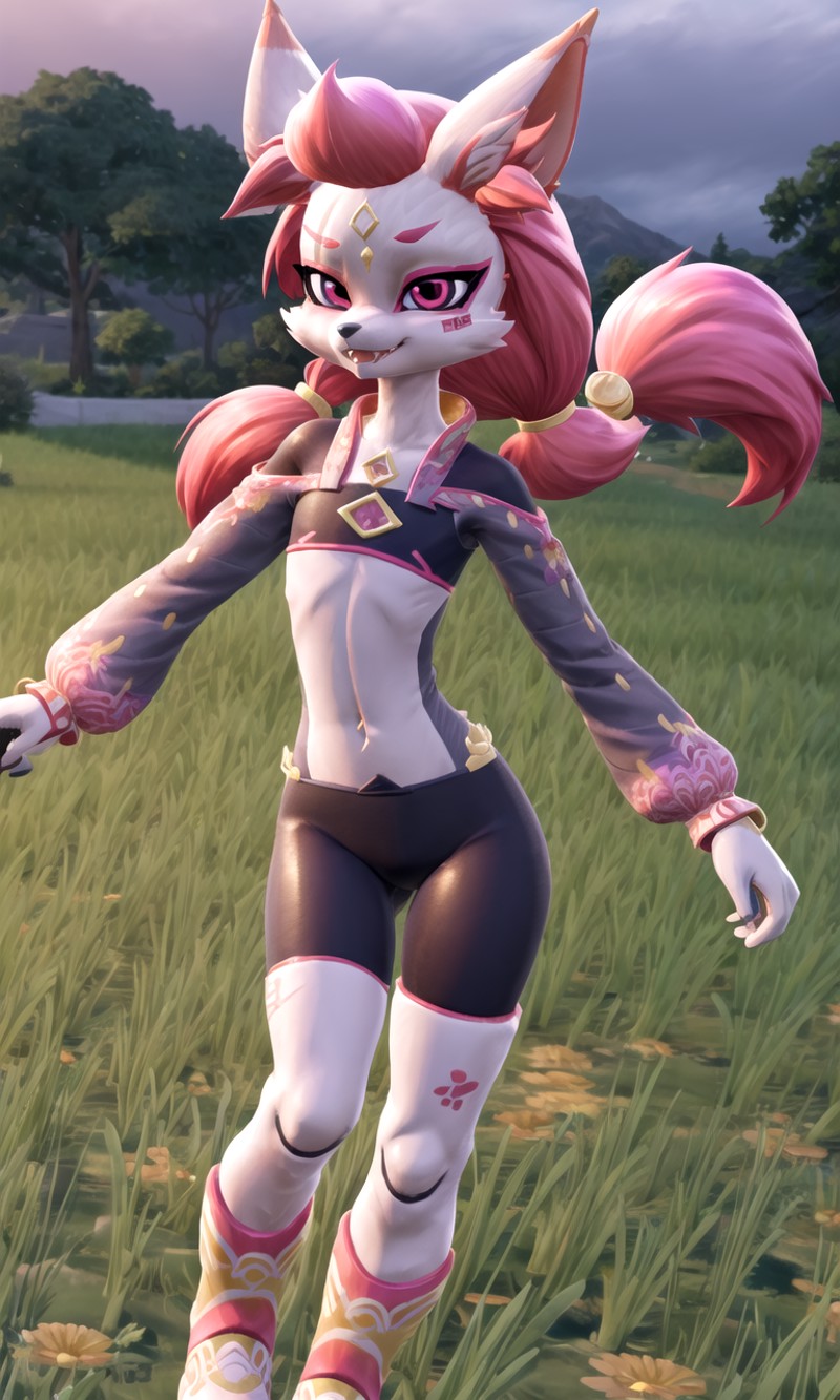 <lora:Kimiko:0.7>, Kimiko, pink hair, pink eyes, Kimiko outfit, looking at viewer, hands on hips, furry, furry female, :D,...