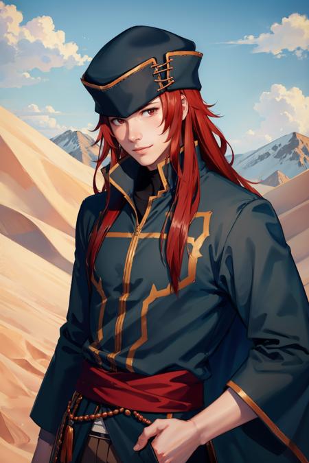 masterpiece, best quality, defJoshua, 1boy, black coat, sash, hat, pants, desert, village, looking at viewer, furrowed brow, smile, upper body  <lora:fejoshua-nvwls-v1-000009:0.9>