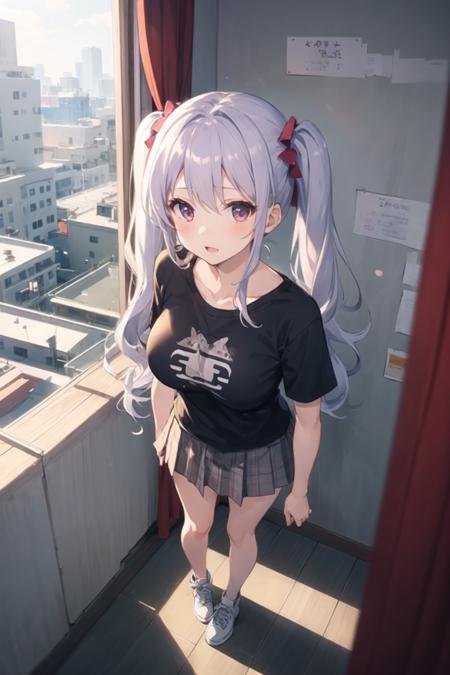 1girl, from above, standing, casual clothes, twintails, t-shirt, skirt, bedroom, wall, window, wide angle