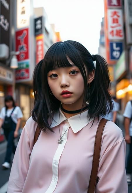RAW photo portrait of a Japanese emo goth 1girl in busy streets of Harajuku at dawn
