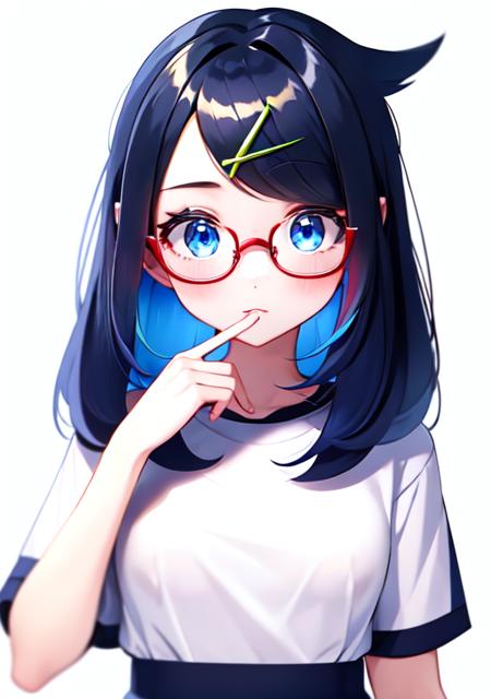 <lora:liko:0.6>,liko, 1girl, solo, looking at viewer, blush, bangs, blue eyes, skirt, simple background, shirt, black hair, hair ornament, white background, closed mouth, blue hair, white shirt, upper body, short sleeves, multicolored hair, glasses, hairclip, hand up, nail polish, swept bangs, ?, red nails, red-framed eyewear