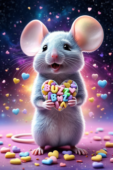lazympos,a cute mouse made from candyhearts,<lora:lazympos:1>,<lora:crowd_notrigger:0.7>,<lora:add-detail-xl:1>,breathing rainbows,magic,sci fi,energy,text "buzz me",<lora:Candyhearts-15:0.7>,(outer space background) . Professional,modern,masterpiece,super realistic,highly detailed