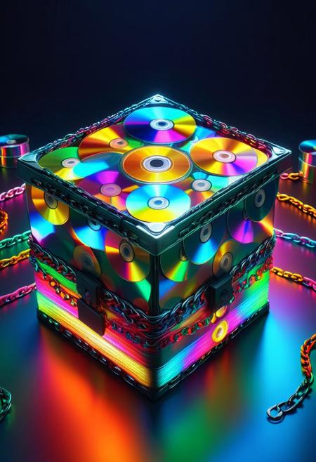 CD Repeat, Masterpiece, best quality, amazing quality, absurd, latest, volumetric lighting, UHD, SFW, vibrant colors, neon, vivid colors, chain made of cd's, wrapped around an old jutebox in a forgotten dinner, exquisite detail, digital art, realistic, highly detail, beautiful, surreal, dramatic, No_Humans,