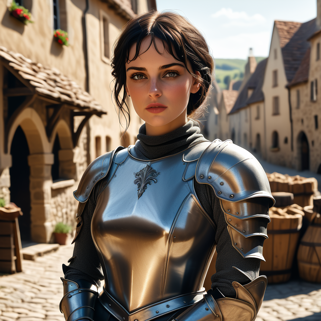 cinematic_still_exhausted_hkstyle_joan_of_arc_with_cropped_short_dark_hair__simple_medieval_armor__at_the_blacksmith__medieval_village_square__daylight___emotional__harmonious__vignette__highly__1.png