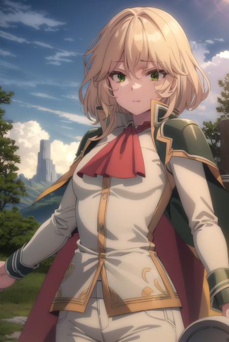 healerblade, <lora:healer blade s1-lora-nochekaiser:1>,
blade, blonde hair, (green eyes:1.5), short hair, hair between eyes,
BREAK long sleeves, pants, cape, uniform, military, ascot, white pants,
BREAK outdoors, forest, nature, trees, grass, sun, sky, clouds,
BREAK looking at viewer, (cowboy shot:1.5),
BREAK <lyco:GoodHands-beta2:1>, (masterpiece:1.2), best quality, high resolution, unity 8k wallpaper, (illustration:0.8), (beautiful detailed eyes:1.6), extremely detailed face, perfect lighting, extremely detailed CG, (perfect hands, perfect anatomy),