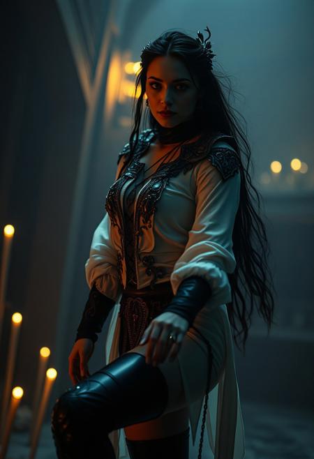 zavy-cnmtc, cold dim pale spectral ethereal Natural Dramatic cinematic lighting, authentic candid long shot  in real life High resolution HD masterwork 32K DSLR Photo with analog film showing whole body, in action, Sui generis, unique latex and bondage based reality/culture, ghostly science-fantasy reality,  ornate, intricate, sleek beautiful 25 year old woman Druidess in high tech society, innate subconscious sensuality, Dryad inspired poets shirt and breeches, facing pov spinning on matching themed sleek fetish thigh-high boots, realistic weathered/textured dull matte pale white smooth skin, motile emotive aristocratic face, extreme lifelike detail, Extremely high resolution details, photographic, realism pushed to extreme, fine texture, incredibly lifelike, ((no tattoos) . Dark, mysterious, haunting, dramatic, ornate, special effects shot . shallow depth of field, vignette, highly detailed, high budget, bokeh, cinemascope, moody, epic, gorgeous, film grain, grainy . Extraterrestrial, cosmic, otherworldly, mysterious, sci-fi, highly detailed .professional, 4k, highly detailed   $low resolution, watermark, signature, bad anatomy, bad hands, oily skin, shiny skin$,