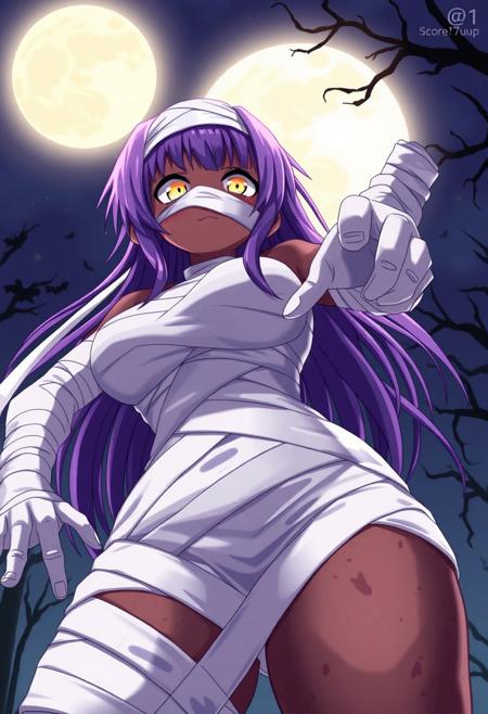 score_9, score_8_up, score_7_up, 1girl, solo, yoruichi, purple hair, yellow eyes, dark-skinned female, >:d, large breasts, wide hips, curvy, mummy costume, bandages, halloween, halloween costume, bandaged arm, bandage on face, zombie pose, dramatic pose, from below, full moon,