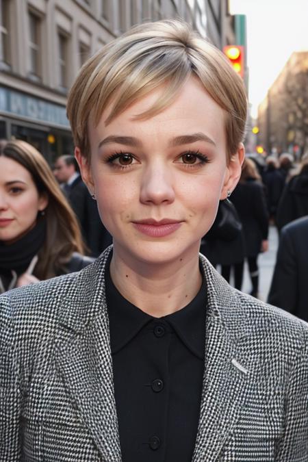 (CareyMulligan:0.9), crowded Berlin street corner, heavy winter coat, black blazer, white buttondown shirt, masterpiece, downtown, pose, standing, casual, (closeup on upper body:1.2)