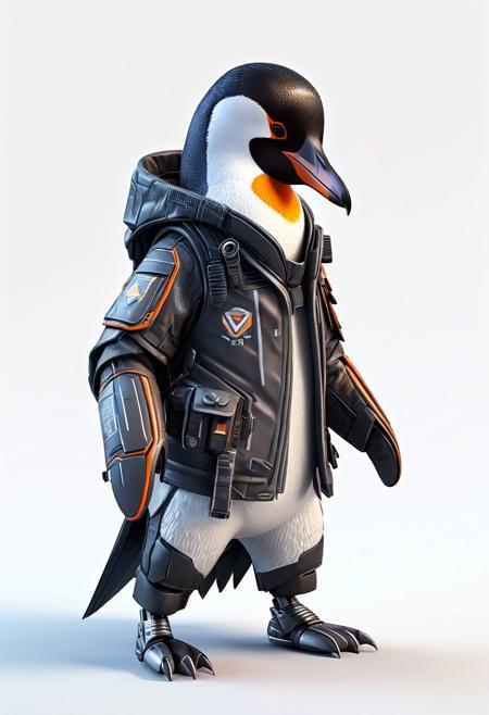 Isometric view of a MINI cute hyperrealistic futuristic soldier Penguin wearing a cyberpunk jacket. Orange skin. Cinematic, hyper detailed, white GRADIENT background, highly detailed, zoomed out,