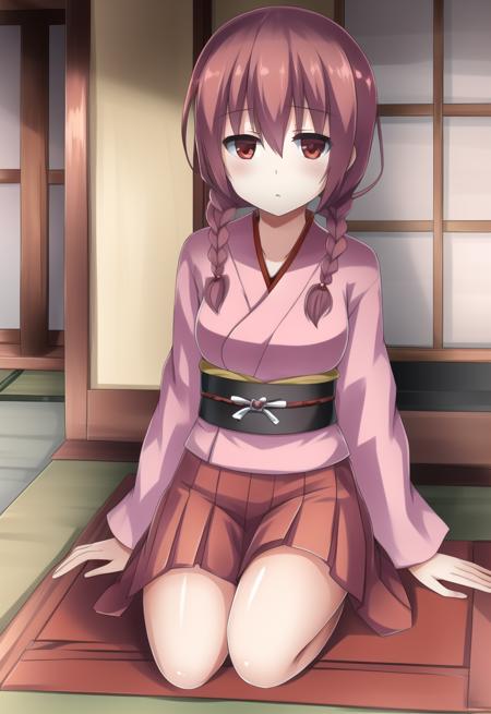 <lora:madotsuki-18:0.8> madotsuki, pink kimono, logo, skirt, red eyes, seiza, traditional japanese house