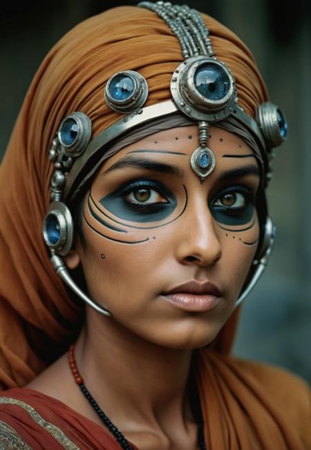 35mm photo by Steve McCurry, futuristic future setting, indian woman, stunning indian woman, ultra-detailed skin, detailed eyes with intricate pupils, advanced futuristic clothing, intense and captivating expression, top-quality resolution