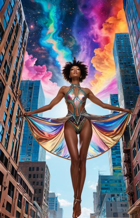 A surreal,sexy woman that stretch high into the vibrant,swirling nebula above. The buildings are constructed from a kaleidoscope of colors and materials,ranging from sleek,metallic surfaces to organic,bioluminescent structures that pulse with otherworldly energy,In the foreground,a group of ethereal,humanoid figures float through the air,their bodies adorned with flowing,iridescent garments that shimmer in the multicolored light
