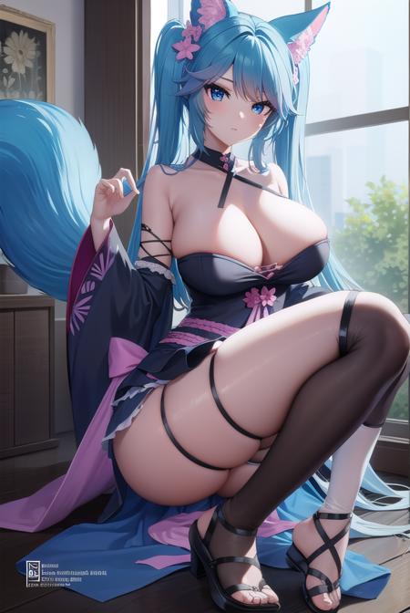 silvervale, animal ear fluff, animal ears, blue eyes, blue hair, long hair, multicolored hair, multicolored tail, pink hair, pink tail, streaked hair, swept bangs, tail, thighhighs, twintails, white thighhighs, wolf, wolf ears, wolf girl, wolf tail, black footwear, black kimono, black sleeves, cleavage, criss-cross halter, detached sleeves, floral print, flower, hair flower, hair ornament, halterneck, japanese clothes, kimono, shoes, thighhighs, twintails, white thighhighs,