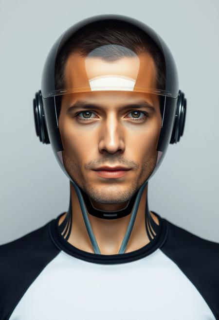 photo portrait of a man stands in front of camera, body slightly turned, looks into camera, high detailed, neutral background, with tiny details of a robot (android) but more as a human, with fully glass futuristic helmet, helmet if a form of a head but smoothed, realistic photo