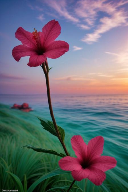 zavy-fltlnpnt, an island, a magical island setting in hawaii, made up of surreal imagery, colorful lights of a beautiful sunset swirl and streak across the sky creating fantastical imagery. Magical scenery blending the ideas of cool relaxing ocean waves and swaying green palm trees, beautiful hibiscus flowers blooming in all various colors leaving a soothing calm and colorful spectacle of wonder. Colorful light show, thick lines, line art, flat art, enhanced background, creative, beautiful, vibrant, masterpiece, 8k, Ultra HD, amazing details, amazing quality, amazing artist, sharp edges, detailed textures, full view, atmospheric lighting, amazing visuals