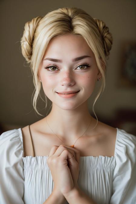 (eye level, closeup on face:1.2) photo of <lora:GeorgiaEllenwood_v3:.9> GeorgiaEllenwood,
smiling,
she is wearing sailor dress
,
she is wearing bridal gauntlets,
her hair is styled as doughnut bun,
BREAK she is (in the family room:1.1),
hash flash lighting,
Voigtlnder Nokton 50mm f1.1
,underexposed,fine film grain
,