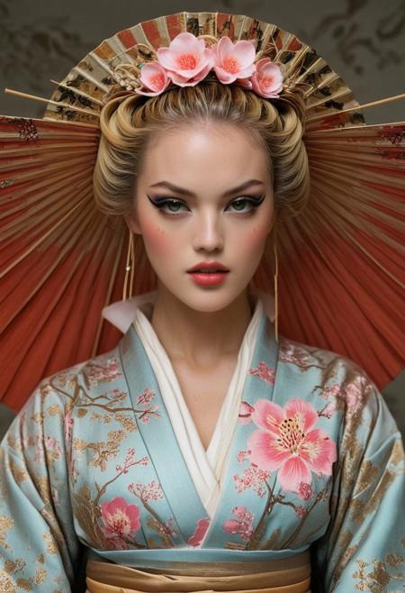 swiss model Julie ordon dressed and make up like a 18th century japanese geisha