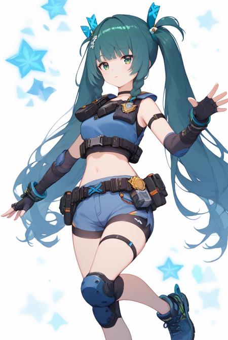 Zero_Qing yi,green eyes,navel,twintails,long hair,bangs,twin braids,green hair,side braided hair,