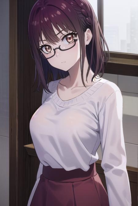 sumikafujimiya, <lora:sumika fujimiya s1-lora-nochekaiser:1>,
sumika fujimiya, (brown eyes:1.5), purple hair, braid, glasses, semi-rimless eyewear, under-rim eyewear,
BREAK sweater, long sleeves, collarbone, skirt, purple skirt,
BREAK indoors,
BREAK looking at viewer, (cowboy shot:1.5),
BREAK <lyco:GoodHands-beta2:1>, (masterpiece:1.2), best quality, high resolution, unity 8k wallpaper, (illustration:0.8), (beautiful detailed eyes:1.6), extremely detailed face, perfect lighting, extremely detailed CG, (perfect hands, perfect anatomy),