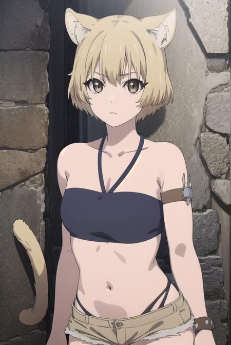 misha, short hair, blonde hair, animal ears, (brown eyes:1.5), cat ears, cat tail, thighhighs, navel, bare shoulders, jewelry, shorts, midriff, black thighhighs, bracelet, short shorts, tattoo, bandeau,