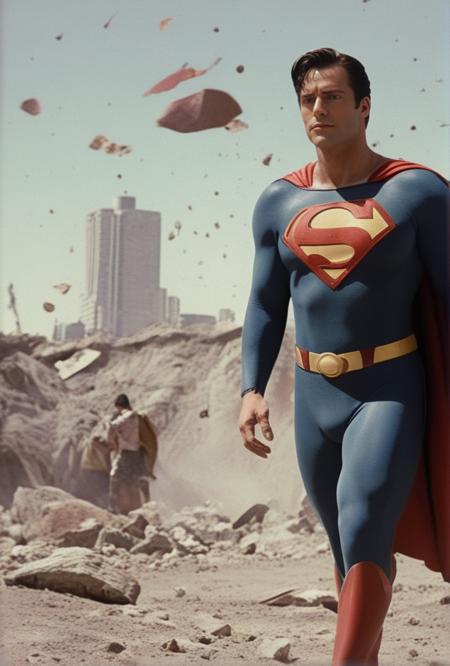 Phantasmagorical Color photo (Superman movie scene Christopher Reeve)(deep blacks)(evocative depth of field)(absolute sharpness)
<lora:LCM-LoRA-XL_V1:0.21>
<lora:SDXLHighDetail_v5:0.3>
<lora:MJ52:.6> 
<lora:JuggerCineXL2:.6>
