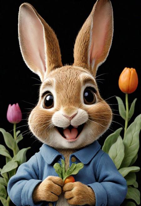 minimalist painting, pen and ink sketch, colorful,
black background, Peter Rabbit, happy face expression, action-packed, by Beatrix Potter, elaborate, masterpiece, detailed