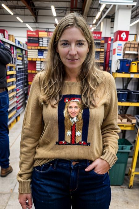 <lora:VC:1.0> masterpiece, best quality, detailed face, 1girl, realistic, solo, a 40 year old, mature,  v1873c, long_hair, blonde_hair, in a hardware shop, drills, mechanical, jumper, jeans