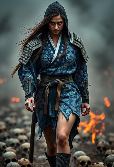 8K, high-resolution, photography.  seductive woman, mature Japanese woman, samurai warrior, heavy armor, ((very intricate)), blue and white kimono with beautiful patern, shaded eyes that gaze, loose hair, belt, ((long braided hair)), blood stains, ((hood)), torn cape, muscular body, surrounded by skulls, muscular legs, walking towards viewer, dirty face, scar, flying ash, katanas, lines indescribable, mysterious smoky fields on fire at the beginning of reality, dynamic pose. award winning photograph, photo taken by Canon 5d Mark IV with 35mm lens, style of miller earl