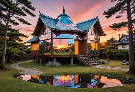 A japanese ancient whimsical house constructed entirely from oversized, shimmering compact discs, reflecting a kaleidoscopic sunset