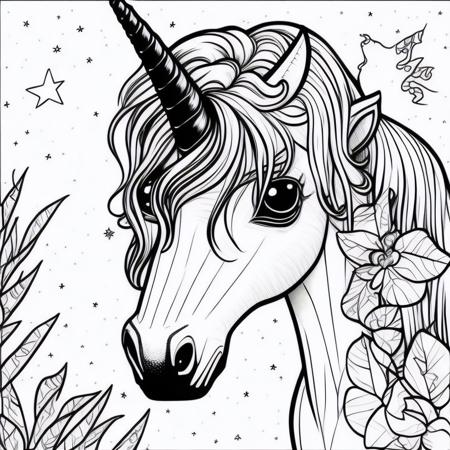 (sad unicorn), COLR_001, intricate, cute, simple, white background, black and white, thin lines